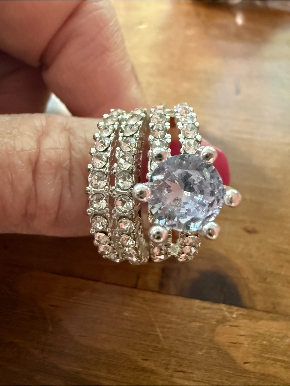 Crystal Multi-Row Silver-Tone Ring with Clear Blue Center Stone